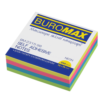 Блок бумаги для заметок с клейким слоем Buromax Neon 75x75 мм 250 листов ассорти BM.2315-98 фото
