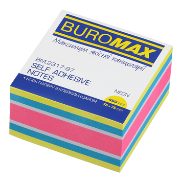 Блок бумаги для заметок с клейким слоем Buromax Neon 75x75 мм 450 листов ассорти BM.2317-97 фото