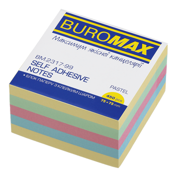 Блок бумаги для заметок с клейким слоем Buromax Pastel 75x75 мм 450 листов ассорти BM.2317-99 фото